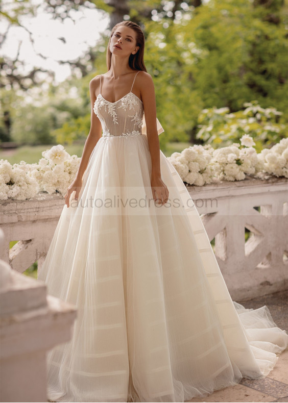 Thin Straps Beaded Lace Pleated Tulle Wedding Dress